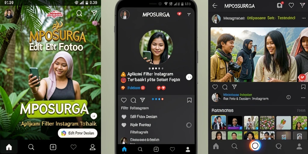 Antarmuka aplikasi MPOSURGA dengan pilihan filter Instagram yang menarik.