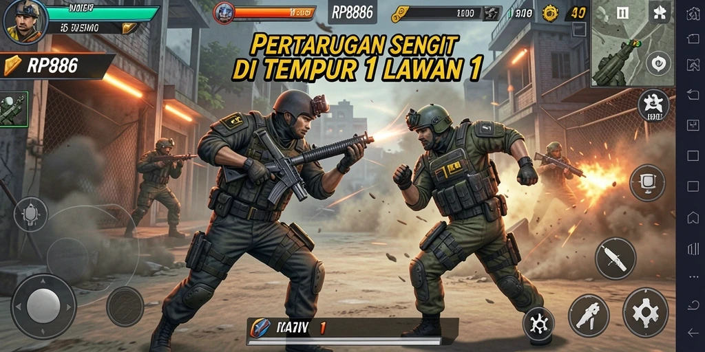 Antarmuka permainan RP886 dengan pertarungan 1 lawan 1 yang intens.